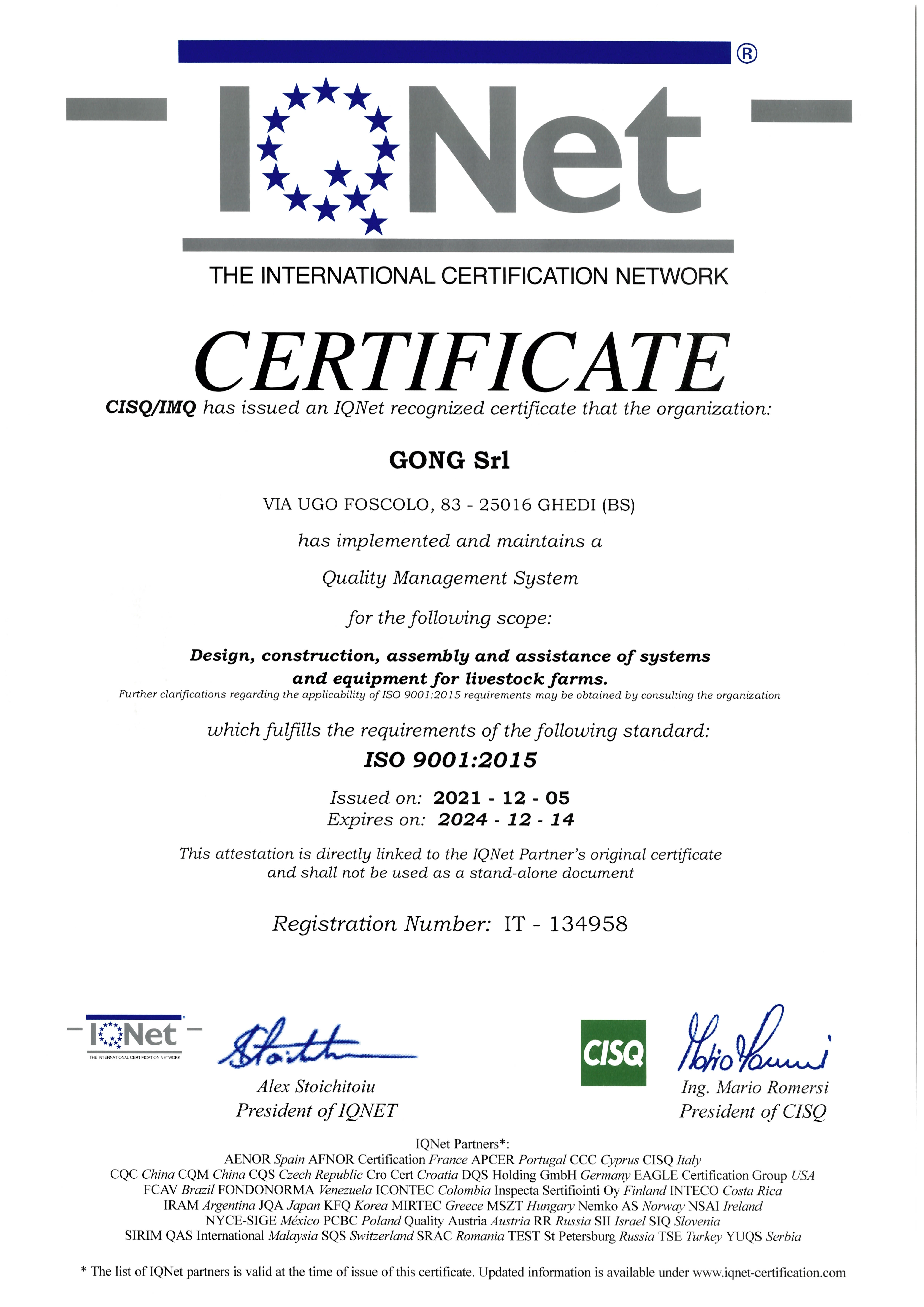 Certificato Internazionale ISO 9001:2015